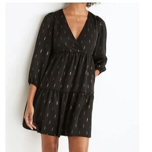 Madewell Metallic Jacquard‎ Faux Wrap Tiered Mini Dress Black Gold Medium